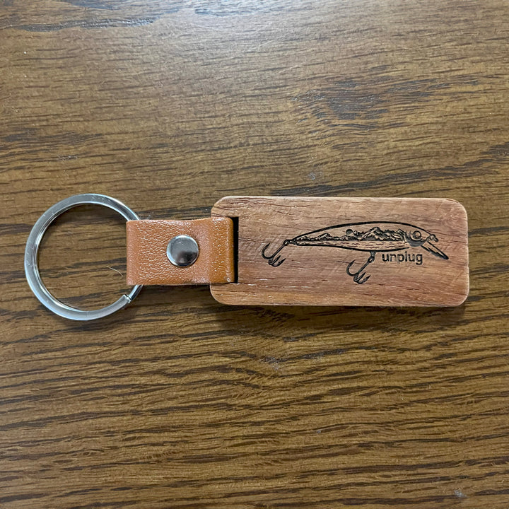 Fishing Lure Mountain Scene Wooden Keychain