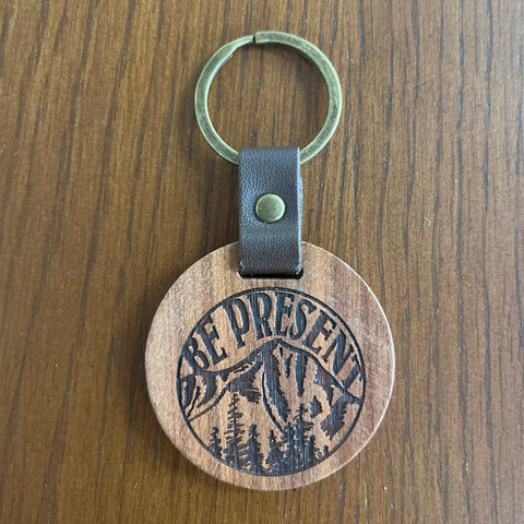 Be Present Mountain Wooden Keychain