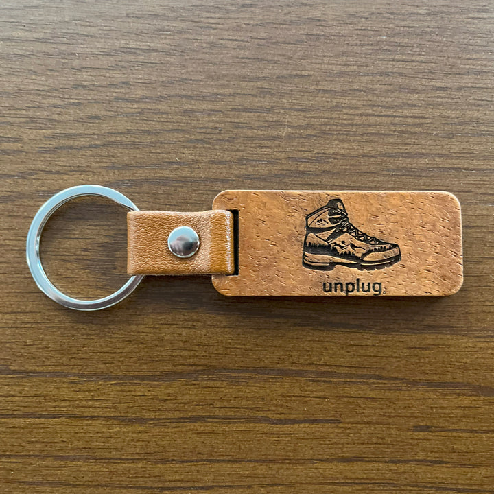 Hiking Boot Mountain Scene Wooden Keychain