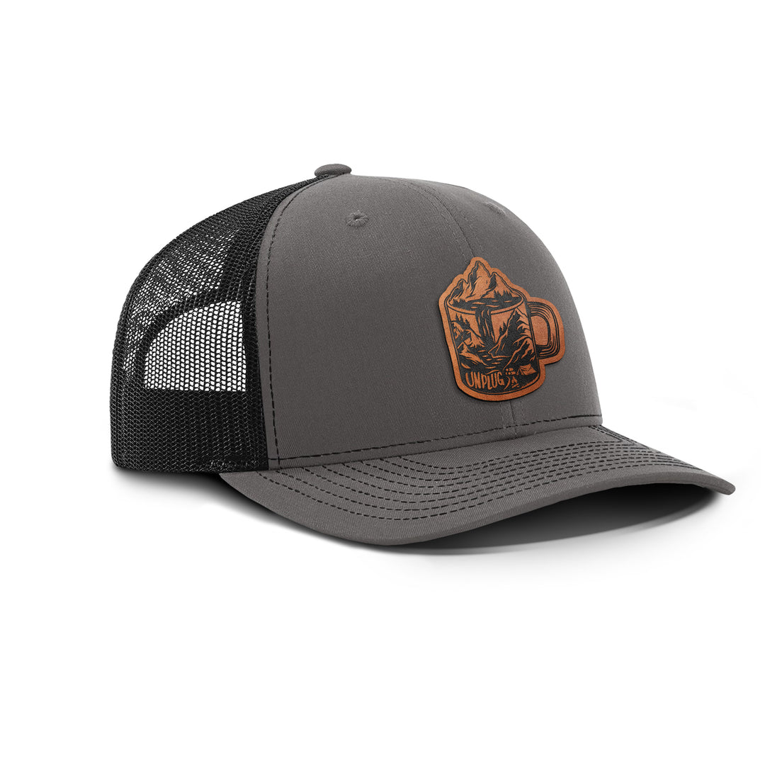 Coffee Mountain Scene Snapback Leather Patch Hat