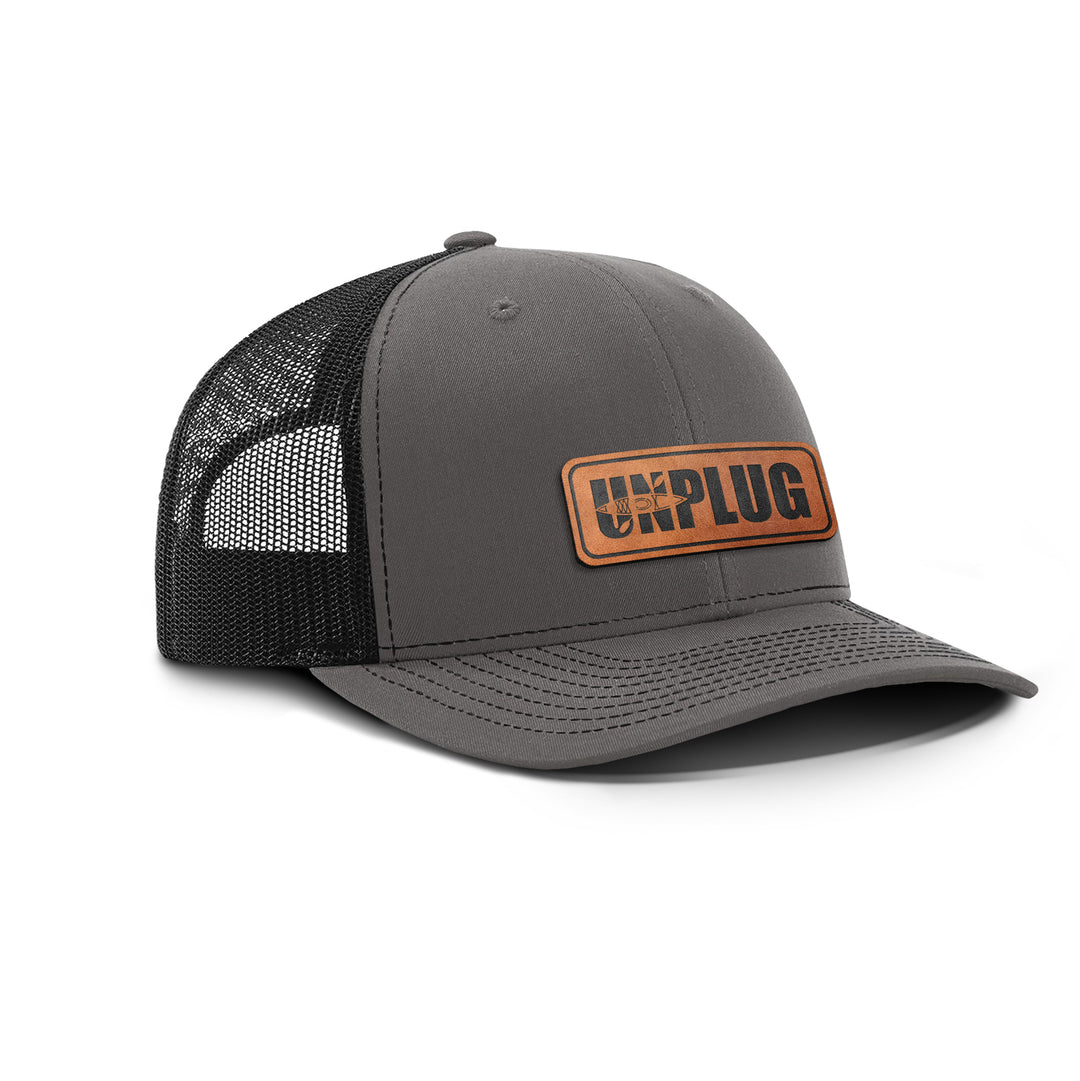 Unplug Kayak Silhouette Front Panel Snapback Leather Patch Hat