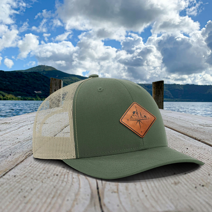 Compass Mountain Scene Snapback Leather Patch Hat