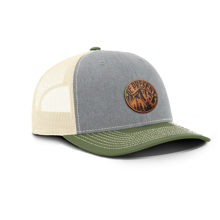 Be Present Mountain Snapback Leather Patch Hat