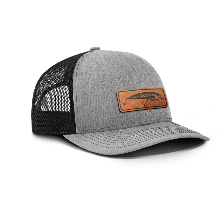 Fishing Lure Mountain Scene Snapback Leather Patch Hat