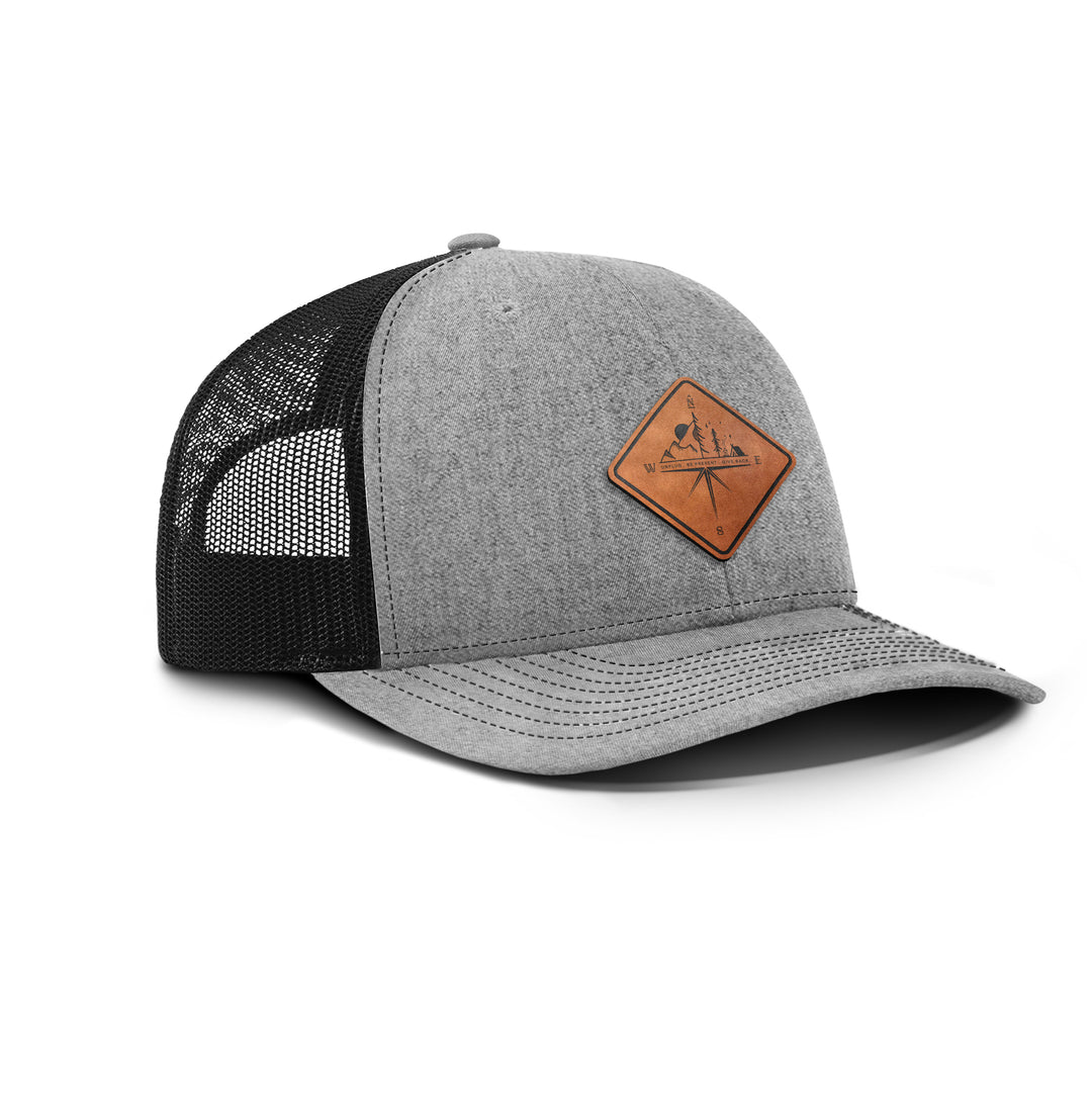 Compass Mountain Scene Snapback Leather Patch Hat