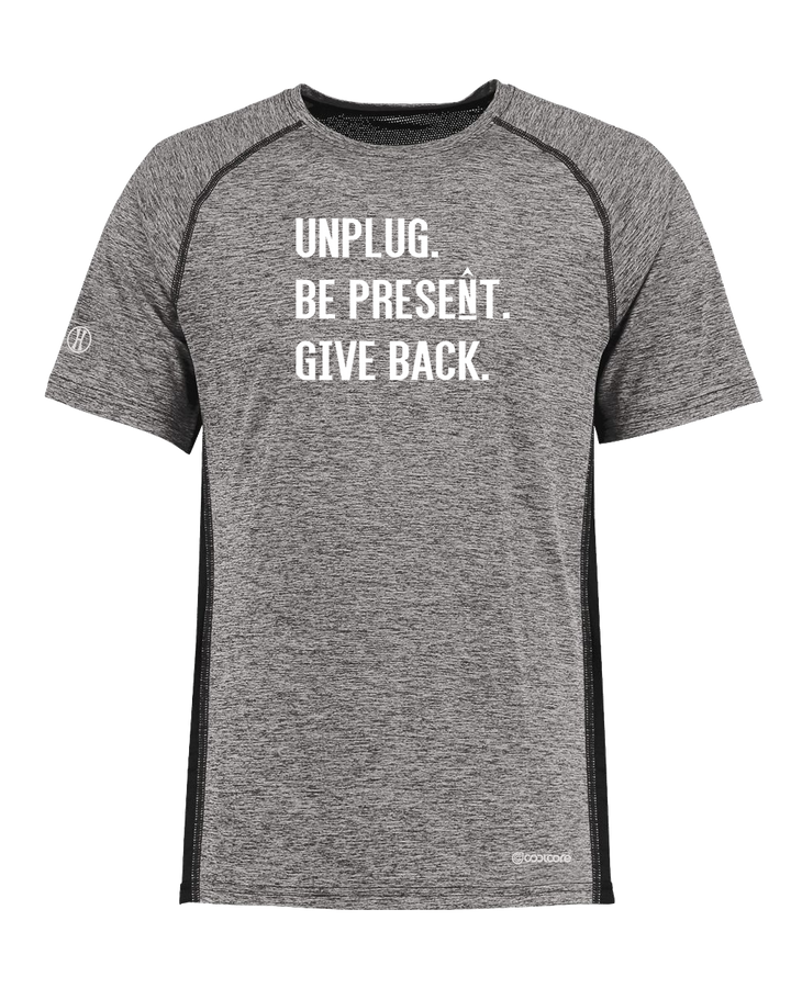 UNPLUG. BE PRESENT. GIVE BACK. Poly/Elastane High Performance T-Shirt with UPF 50+