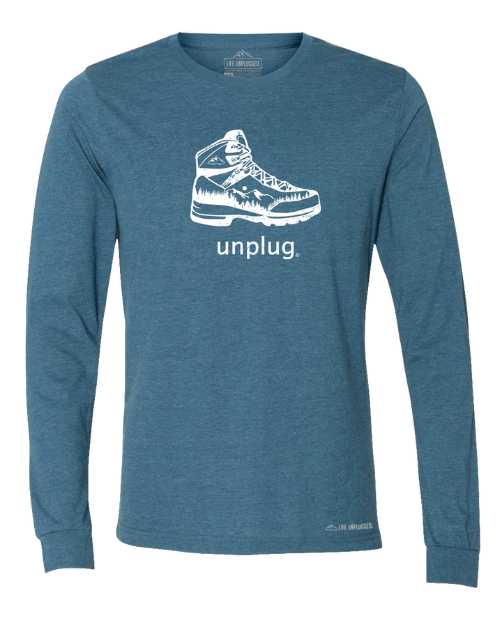 Hiking Boot Mountain Scene Premium Polyblend Long Sleeve T-Shirt - Life Unplugged