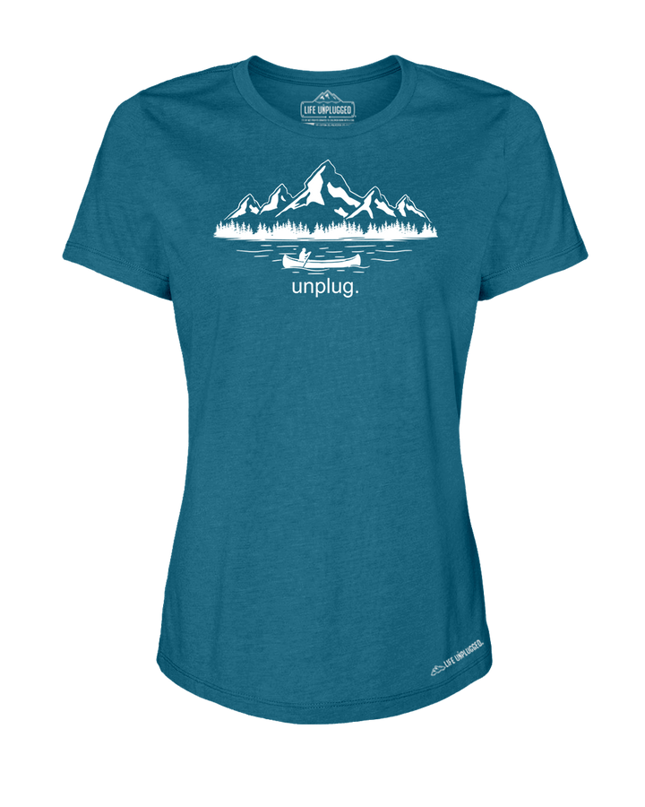 Canoeing in the Mountains Premium Women's Relaxed Fit Polyblend T-Shirt - Life Unplugged