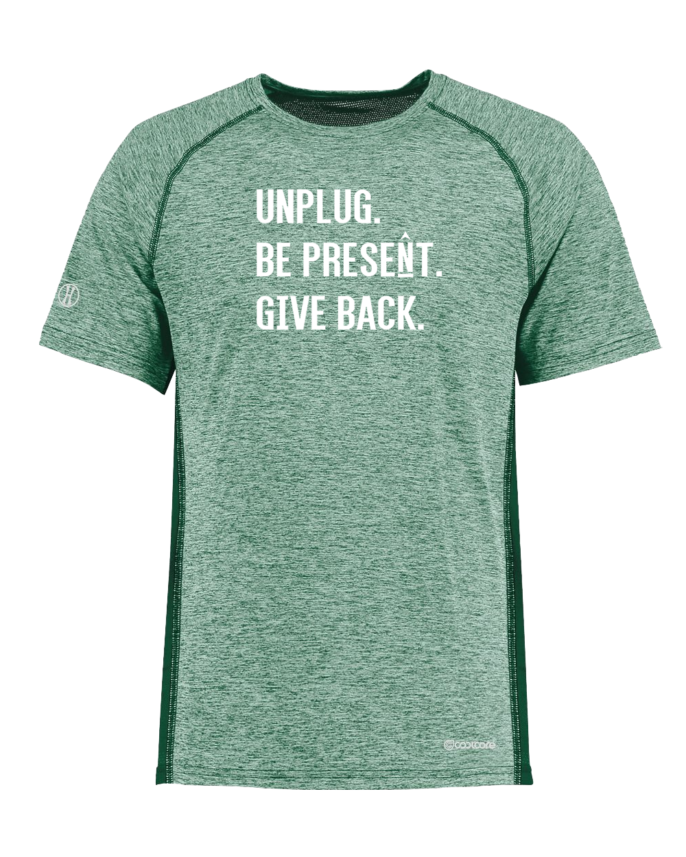 UNPLUG. BE PRESENT. GIVE BACK. Poly/Elastane High Performance T-Shirt with UPF 50+