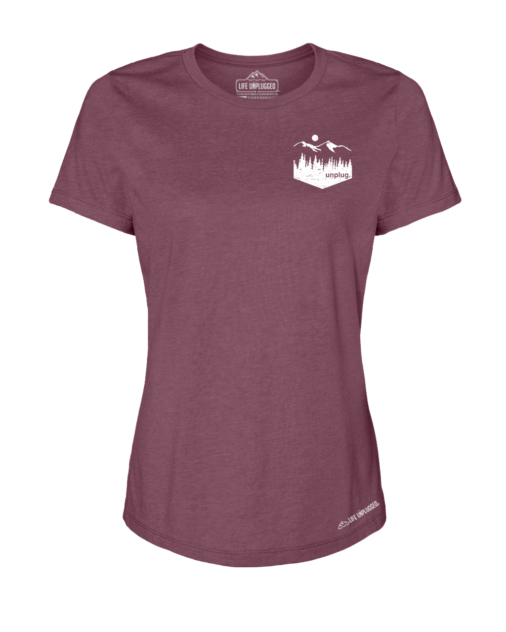Unplug Mountain Left Chest Pocket Premium Women's Relaxed Fit Polyblend T-Shirt