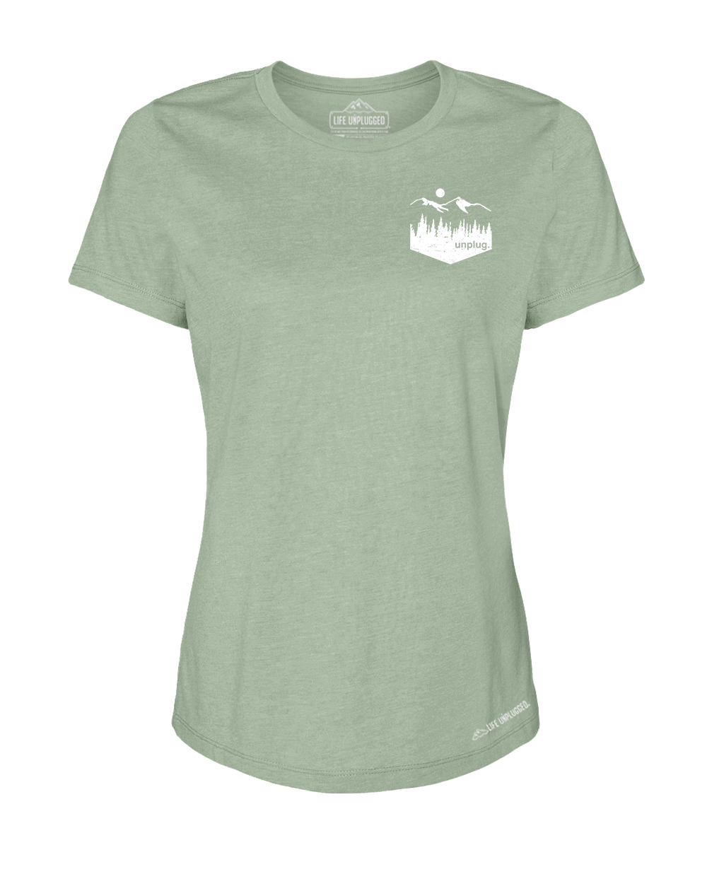 Unplug Mountain Left Chest Pocket Premium Women's Relaxed Fit Polyblend T-Shirt - Life Unplugged