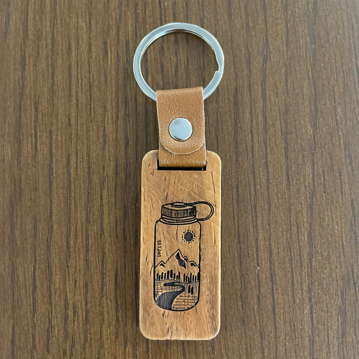 Water Bottle Mountain Scene Wooden Keychain