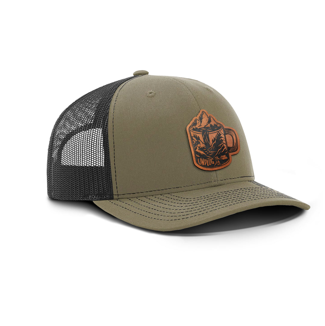 Coffee Mountain Scene Snapback Leather Patch Hat