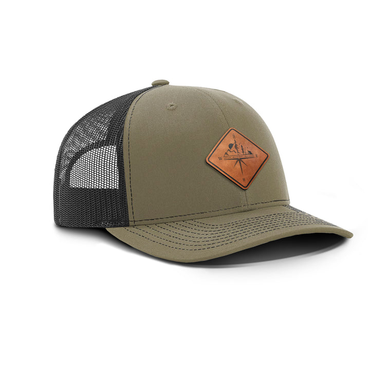 Compass Mountain Scene Snapback Leather Patch Hat