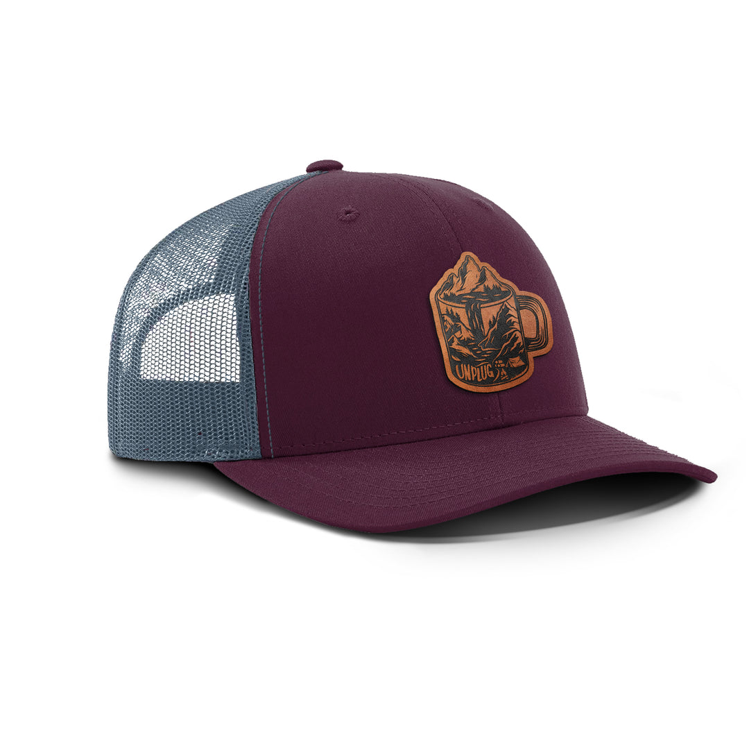 Coffee Mountain Scene Snapback Leather Patch Hat