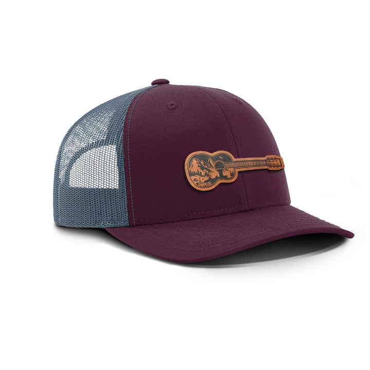Guitar Mountain Scene Snapback Leather Patch Hat