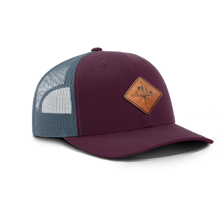 Compass Mountain Scene Snapback Leather Patch Hat