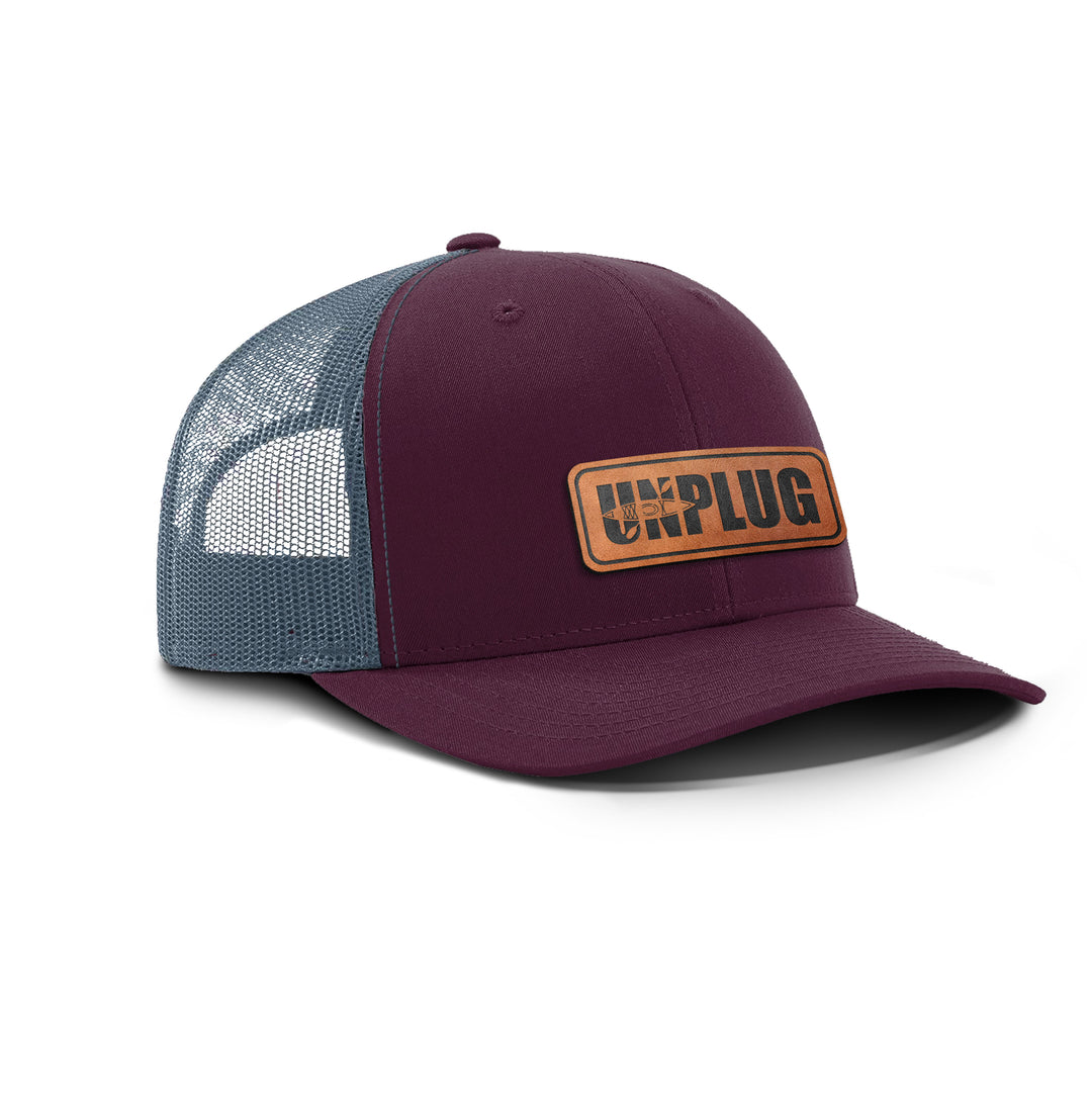 Unplug Kayak Silhouette Front Panel Snapback Leather Patch Hat