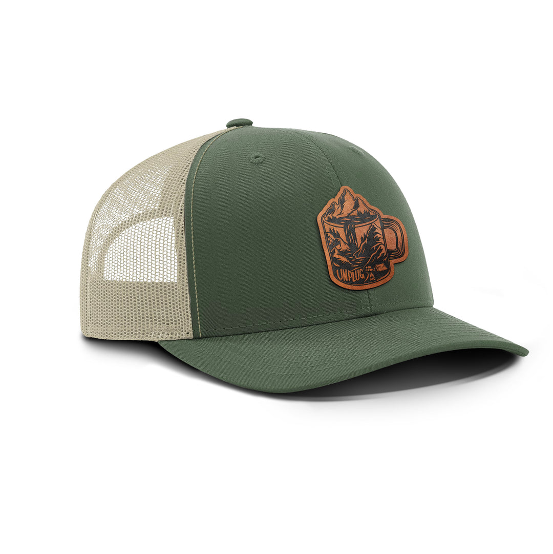 Coffee Mountain Scene Snapback Leather Patch Hat