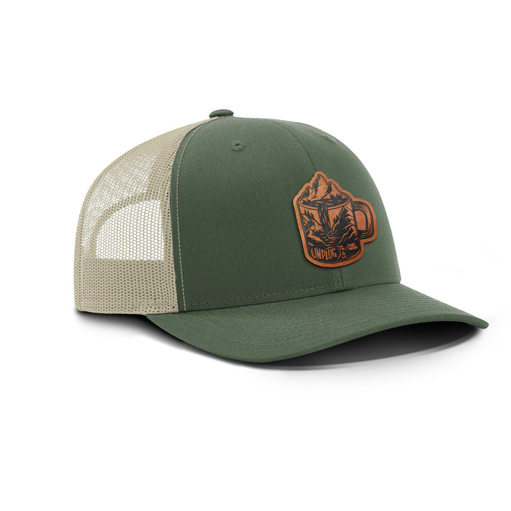 Coffee Mountain Scene Snapback Leather Patch Hat