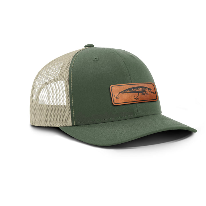 Fishing Lure Mountain Scene Snapback Leather Patch Hat