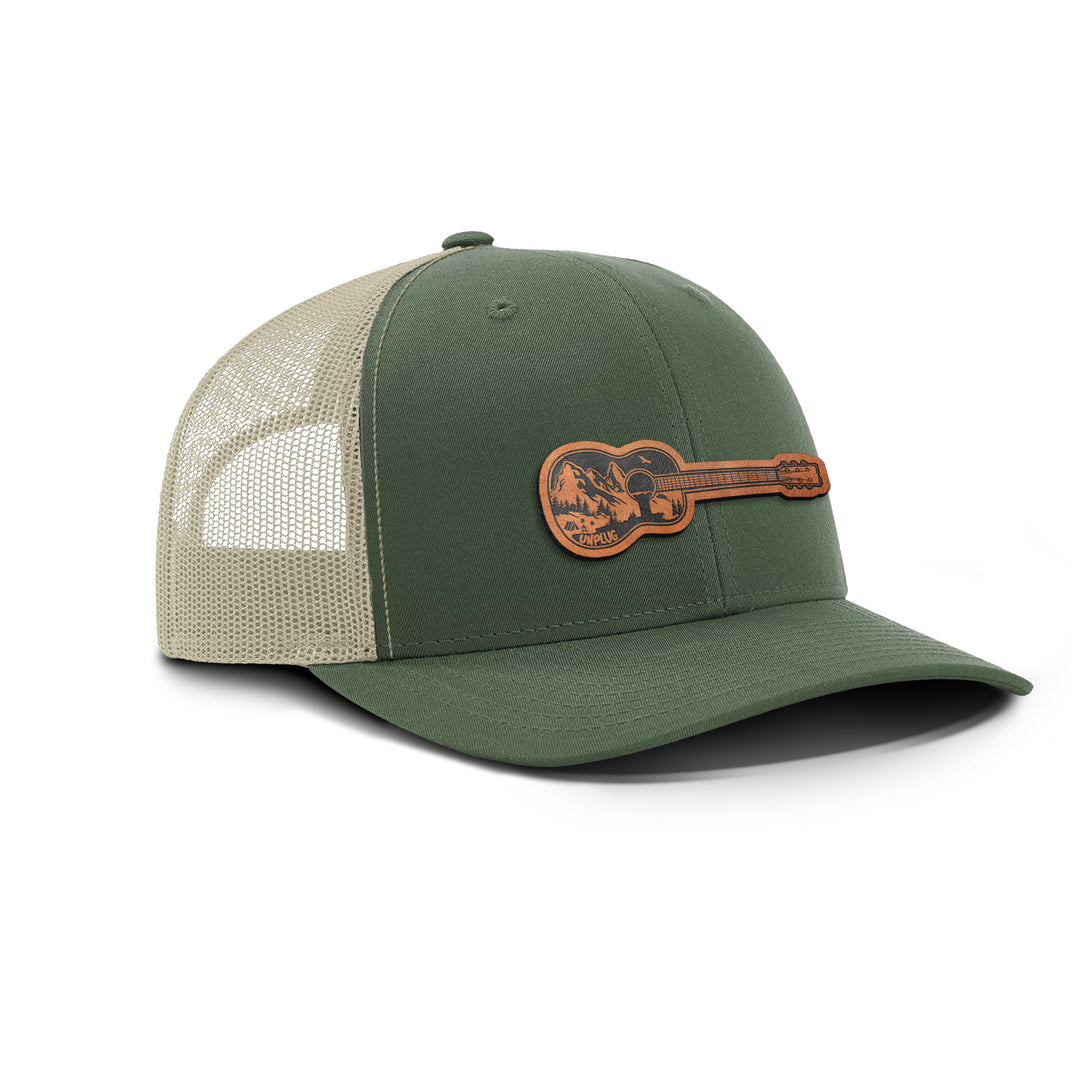 Guitar Mountain Scene Snapback Leather Patch Hat