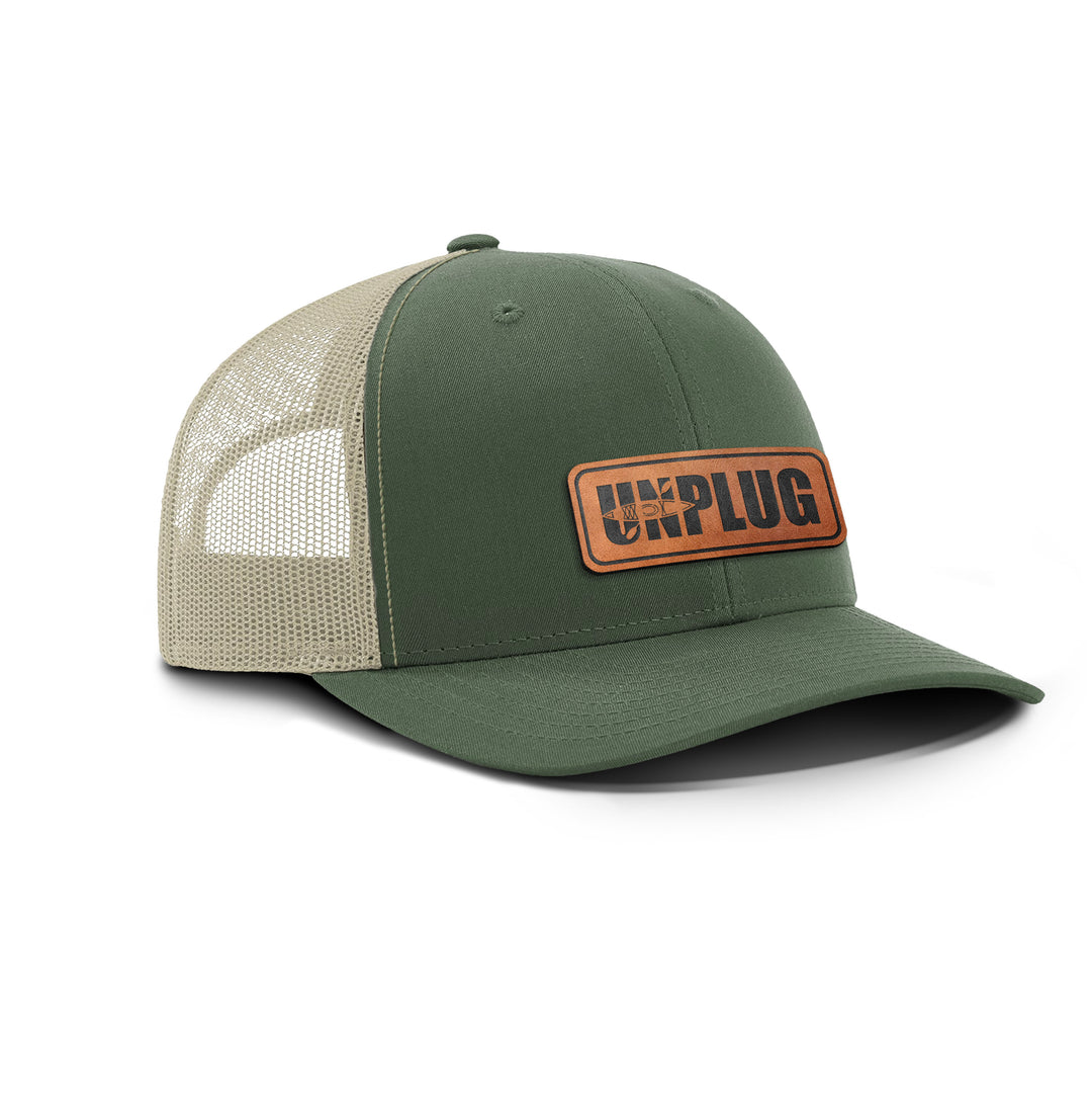 Unplug Kayak Silhouette Front Panel Snapback Leather Patch Hat