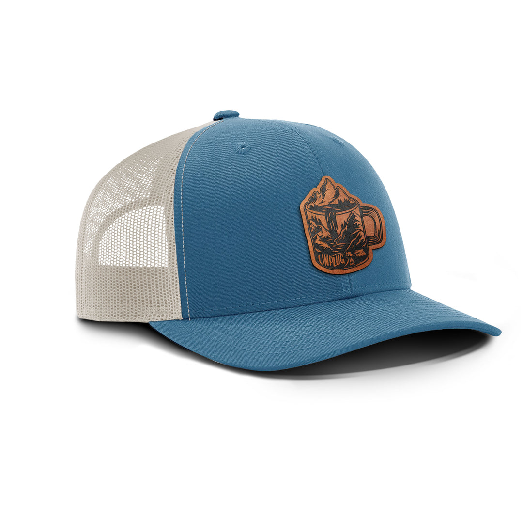 Coffee Mountain Scene Snapback Leather Patch Hat