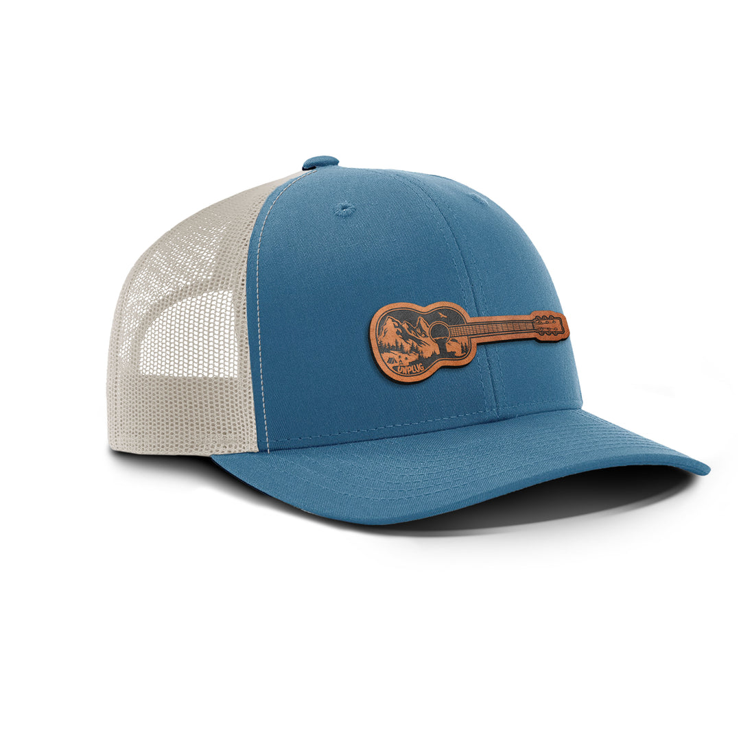 Guitar Mountain Scene Snapback Leather Patch Hat