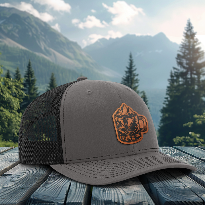 Coffee Mountain Scene Snapback Leather Patch Hat